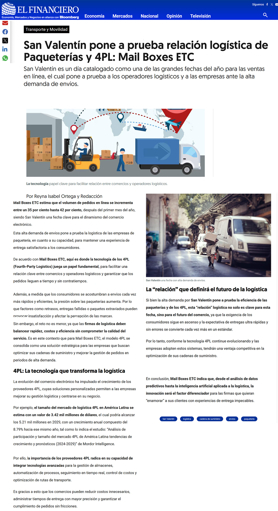 El Financiero – San Valentín pone a prueba relación logística de Paqueterías y 4PL: Mail Boxes ETC