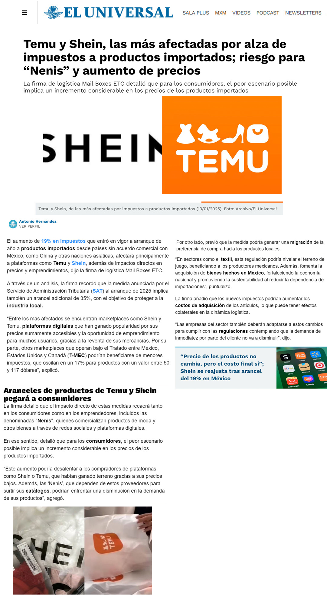 El Universal – Temu y Shein las más afectadas por alza de impuestos a productos importados; riesgo para “Nenis” y aumento de precios